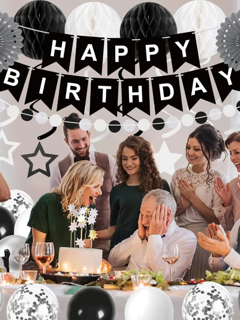 Black Silver White Birthday Party Decorations Kit Balloons Banner Adult Decor